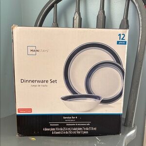 Mainstays Navy and White Stoneware Dinnerware Set with hand mixer